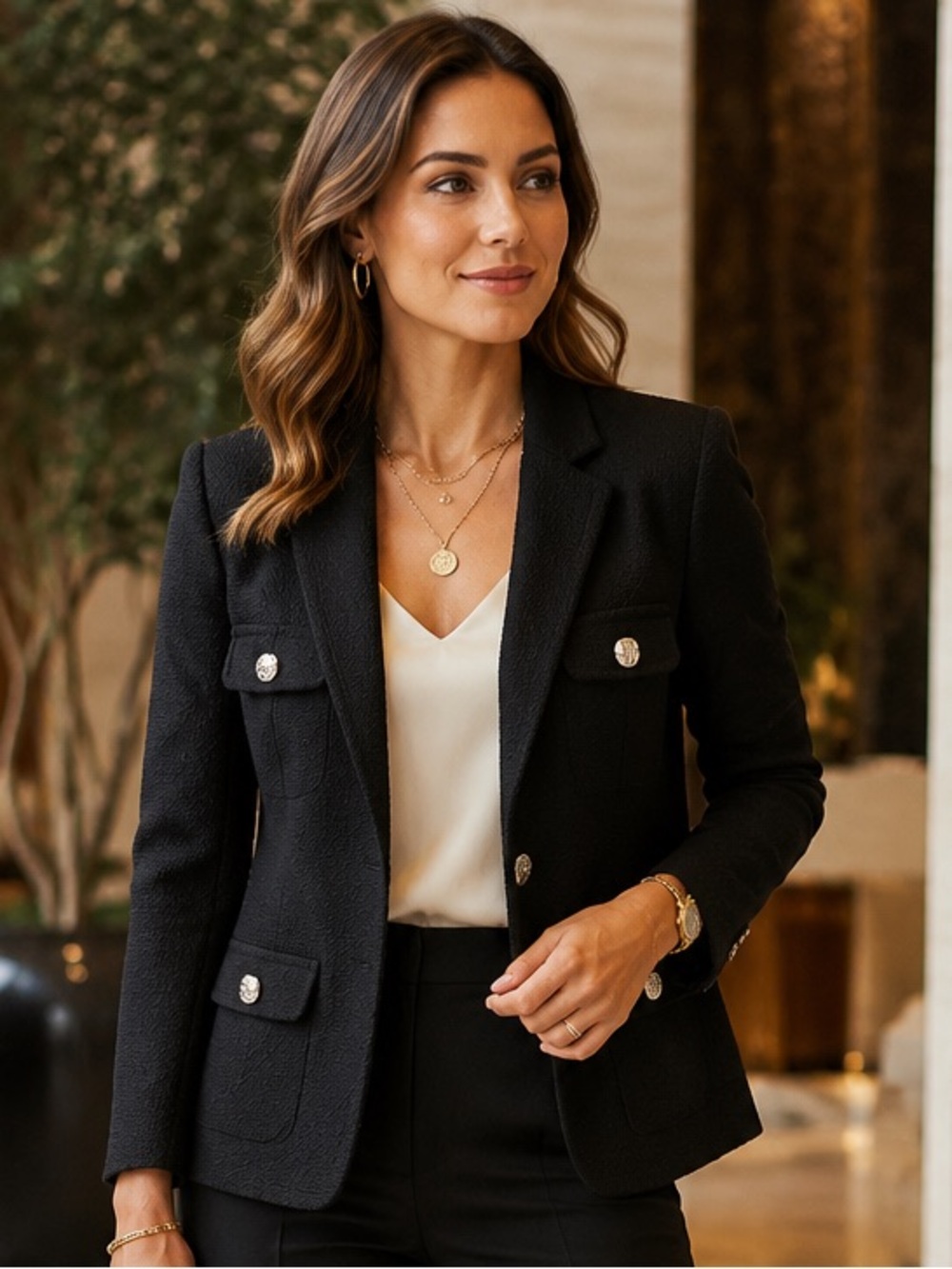 Anne Klein Black Tweed Blazer Jacket with Silver Buttons Size Large L